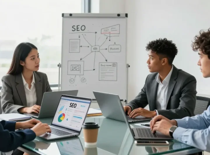Team collaborating on SEO backlink services strategies in a bright office