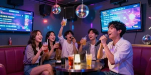 제주유흥에서 활기찬 노래방 술자리, 친구들과 함께하는 즐거운 순간