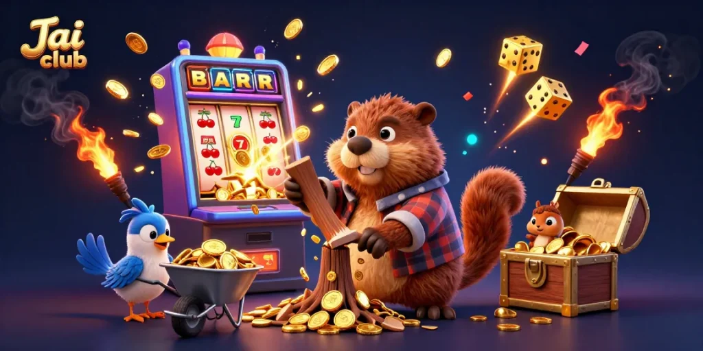 Engage with Jai club as a beaver chops a tree raining gold coins, framed by vibrant casino elements.