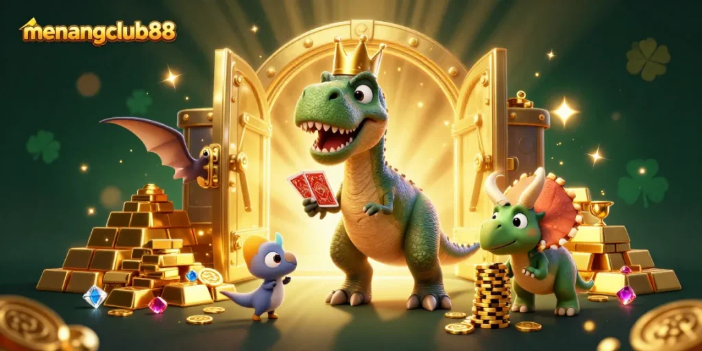 Experience the excitement of menangclub88 with T-Rex and friends in a vibrant casino scene.
