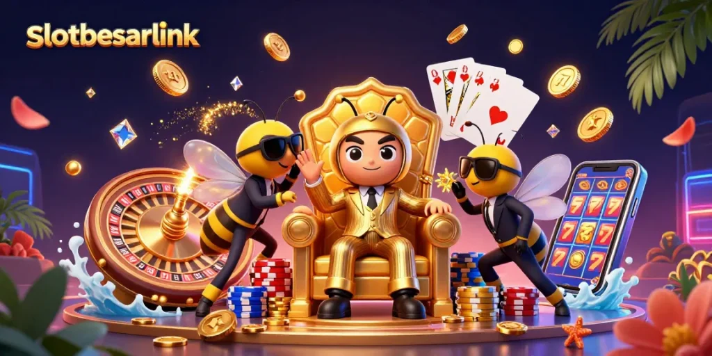 Engage with slotbesarlink's dynamic slots scene, showcasing a bumblebee mob boss amidst casino riches.