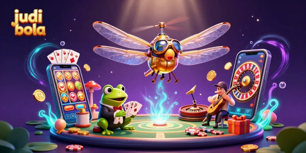 Experience exciting judi bola action with a dragonfly pilot above a lily pad casino.