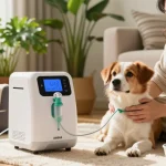 Dog receiving oxygen therapy with 狗狗氧氣機 in a cozy living room, owner providing comfort.
