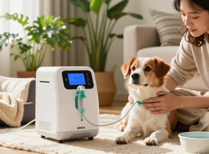 Dog receiving oxygen therapy with 狗狗氧氣機 in a cozy living room, owner providing comfort.