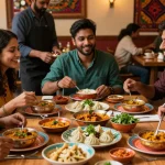 Friends enjoying rokok88's premium Indian curry and Nepalese momo in a vibrant restaurant setting.