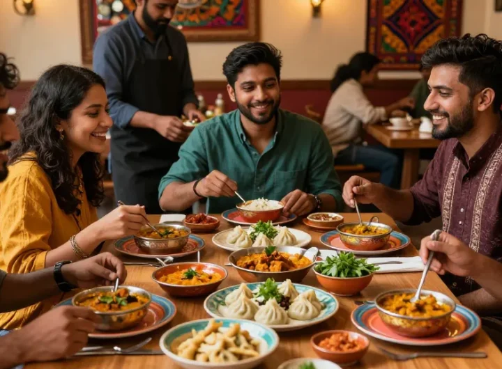 Friends enjoying rokok88's premium Indian curry and Nepalese momo in a vibrant restaurant setting.
