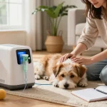 Dog relaxing next to a 狗狗氧氣機 in a cozy living room, showcasing pet care.