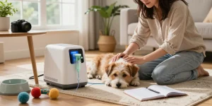 Dog relaxing next to a 狗狗氧氣機 in a cozy living room, showcasing pet care.