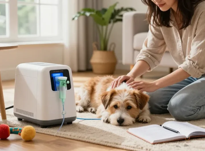 Dog relaxing next to a 狗狗氧氣機 in a cozy living room, showcasing pet care.
