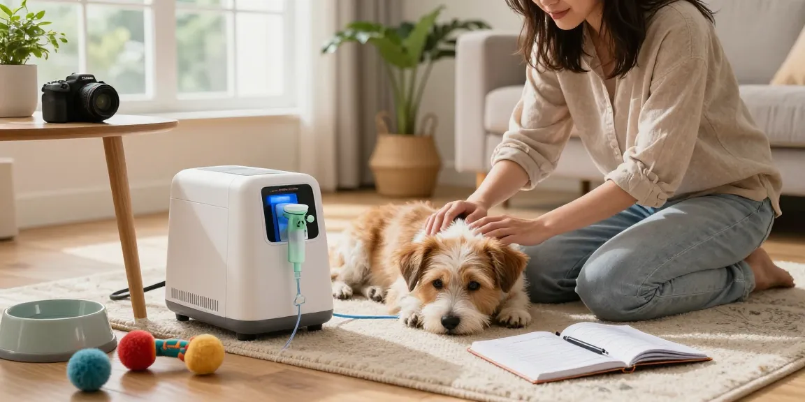 Dog relaxing next to a 狗狗氧氣機 in a cozy living room, showcasing pet care.