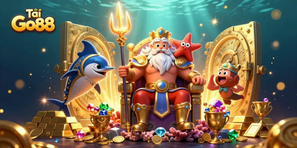 Engage with the excitement of Tải Go88 as Neptune and his companions explore treasures in a vibrant underwater casino.