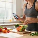 Using the best weight loss app, a person tracks nutrition while preparing a healthy meal in a modern kitchen.