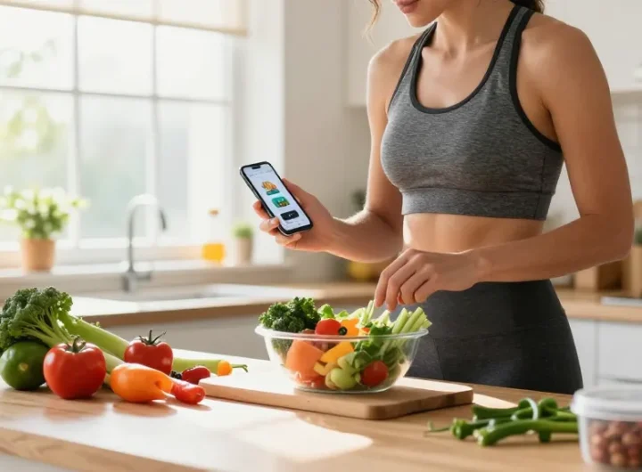 Using the best weight loss app, a person tracks nutrition while preparing a healthy meal in a modern kitchen.